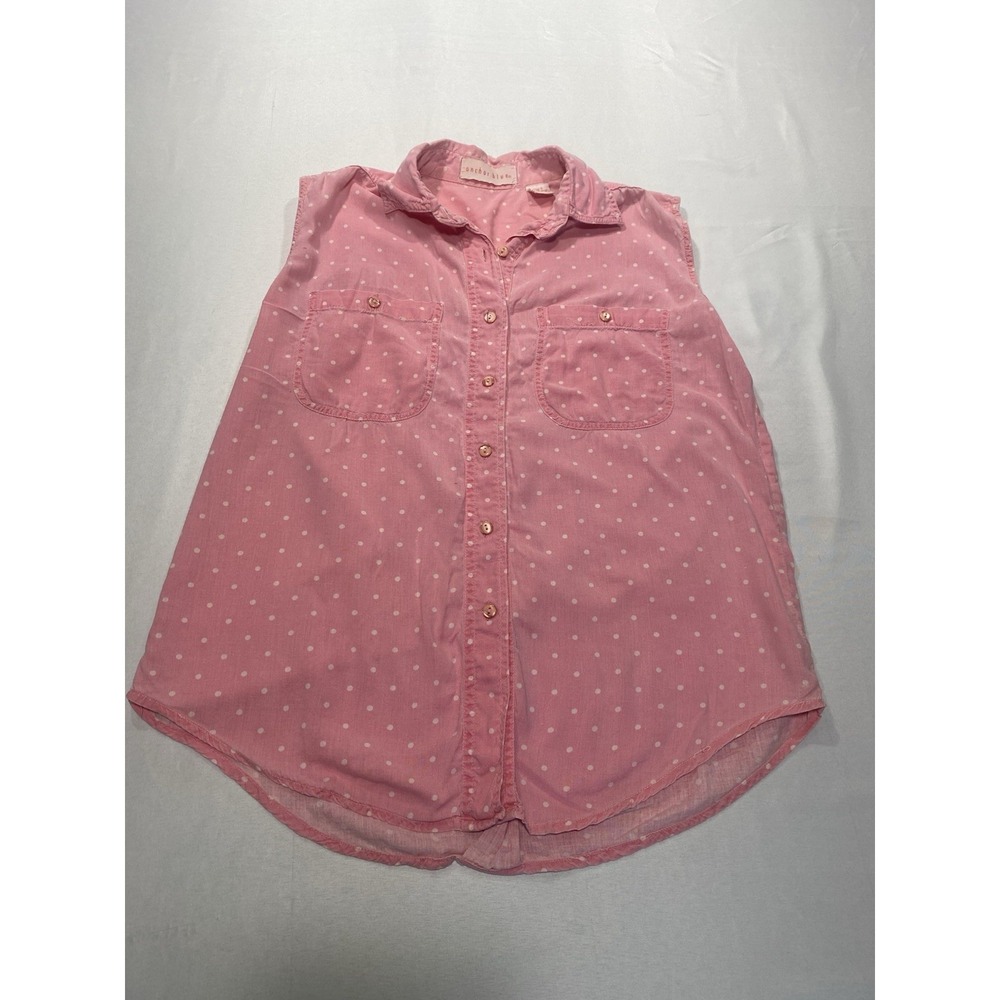 Vintage Anchor Blue Womens Small Pink Polka Dot Sleeveless Button Shirt Y2K